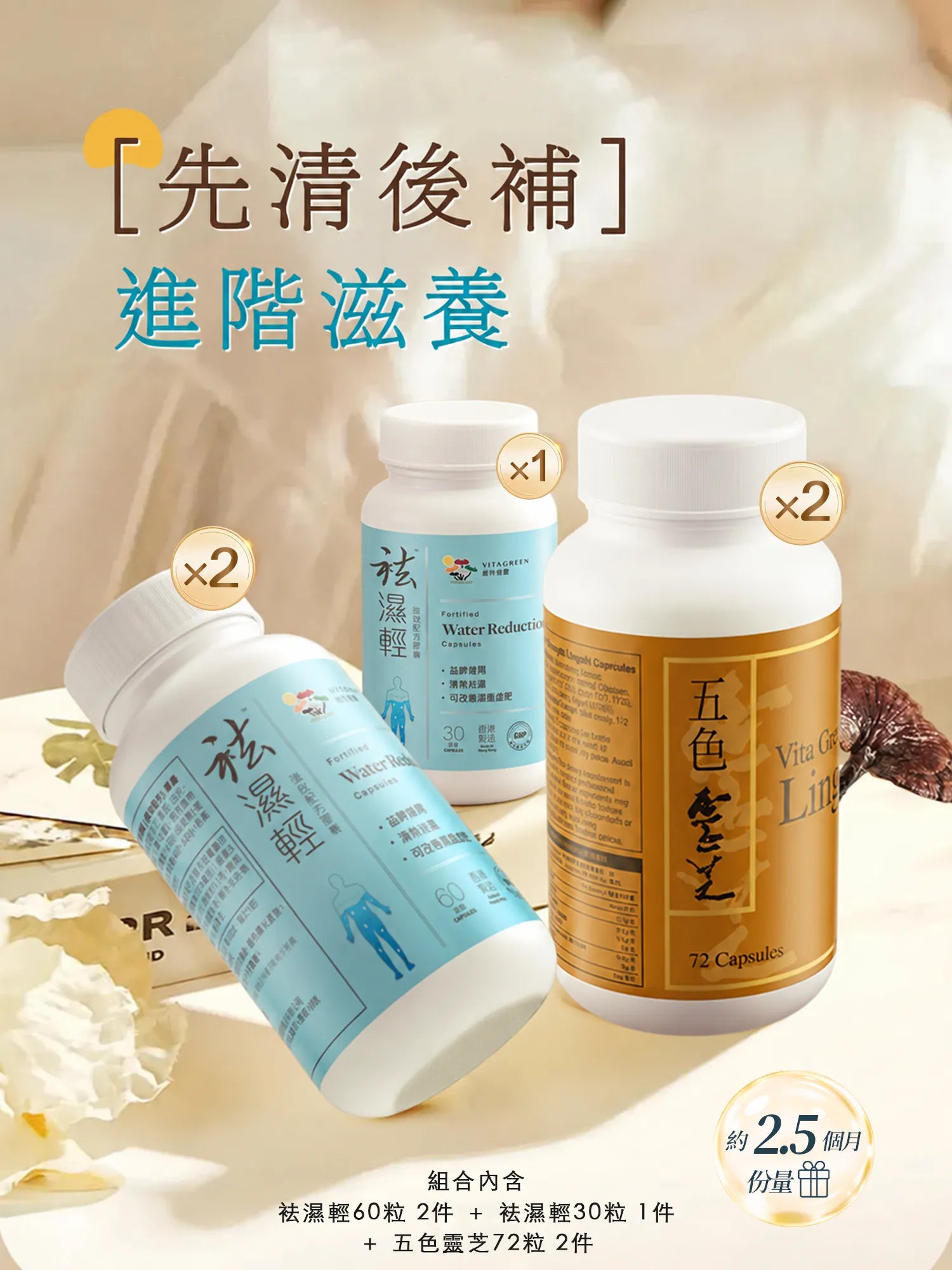 【先清後補】袪濕輕60粒2件+袪濕輕30粒1件+五色靈芝72粒2件