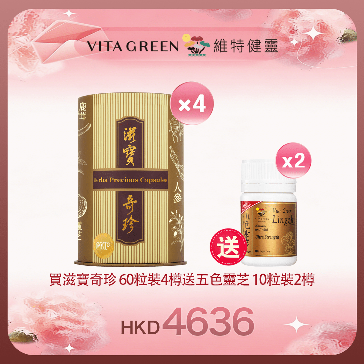 「女神節返場」買滋寶奇珍 60粒裝4件 送 五色靈芝 10粒裝2樽 - 維特健靈官方海外專賣店 Vita Green Official Global Shop